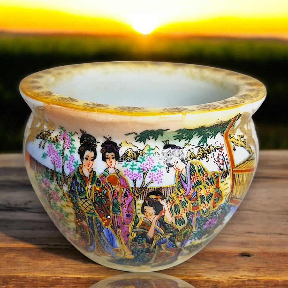 Vintage Gold Satsuma Chinoiserie Fish Bowl Geisha Women Lotus Collectible TM-5 - Picture 3 of 11